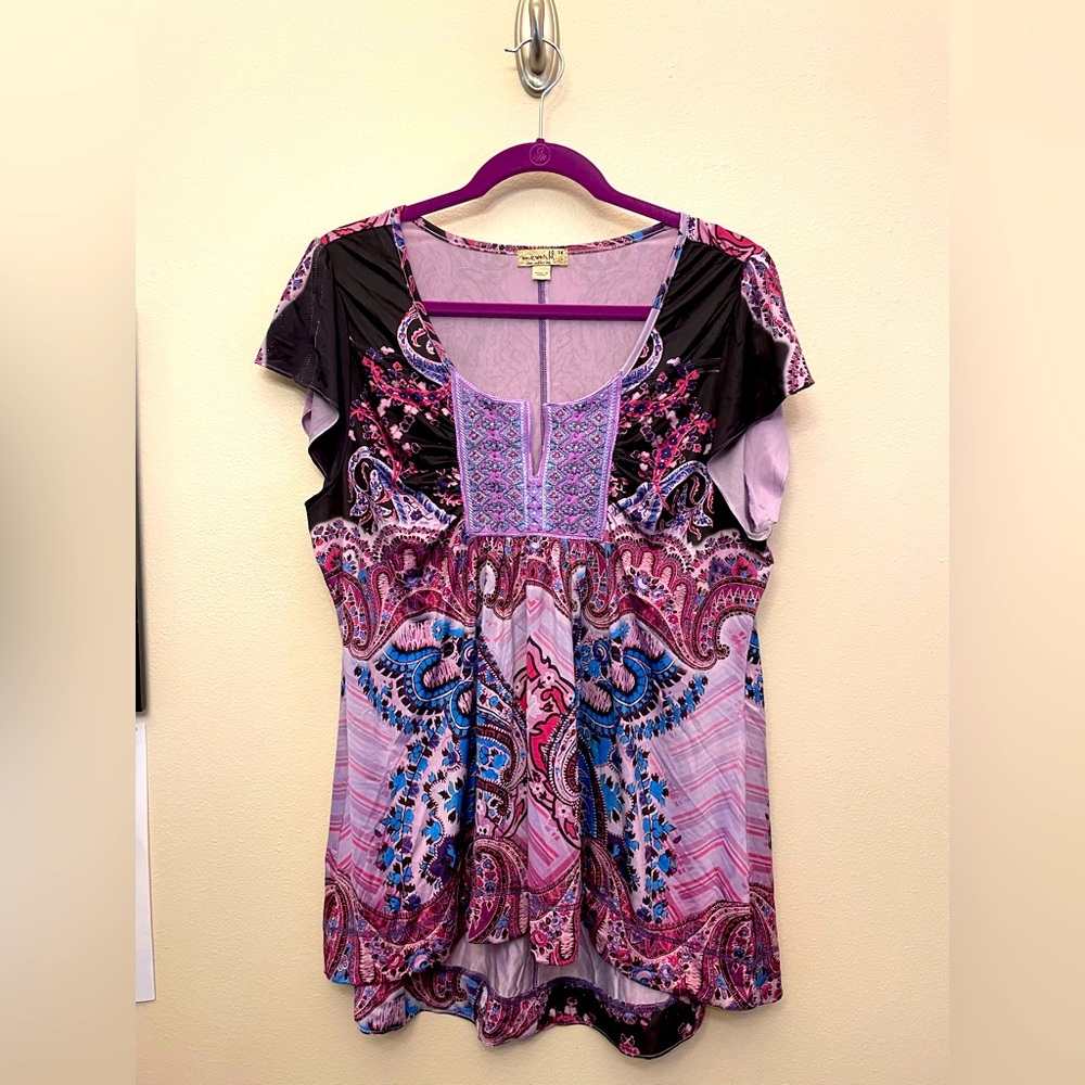 Blouse, purple and black pattern, One World, size 1X